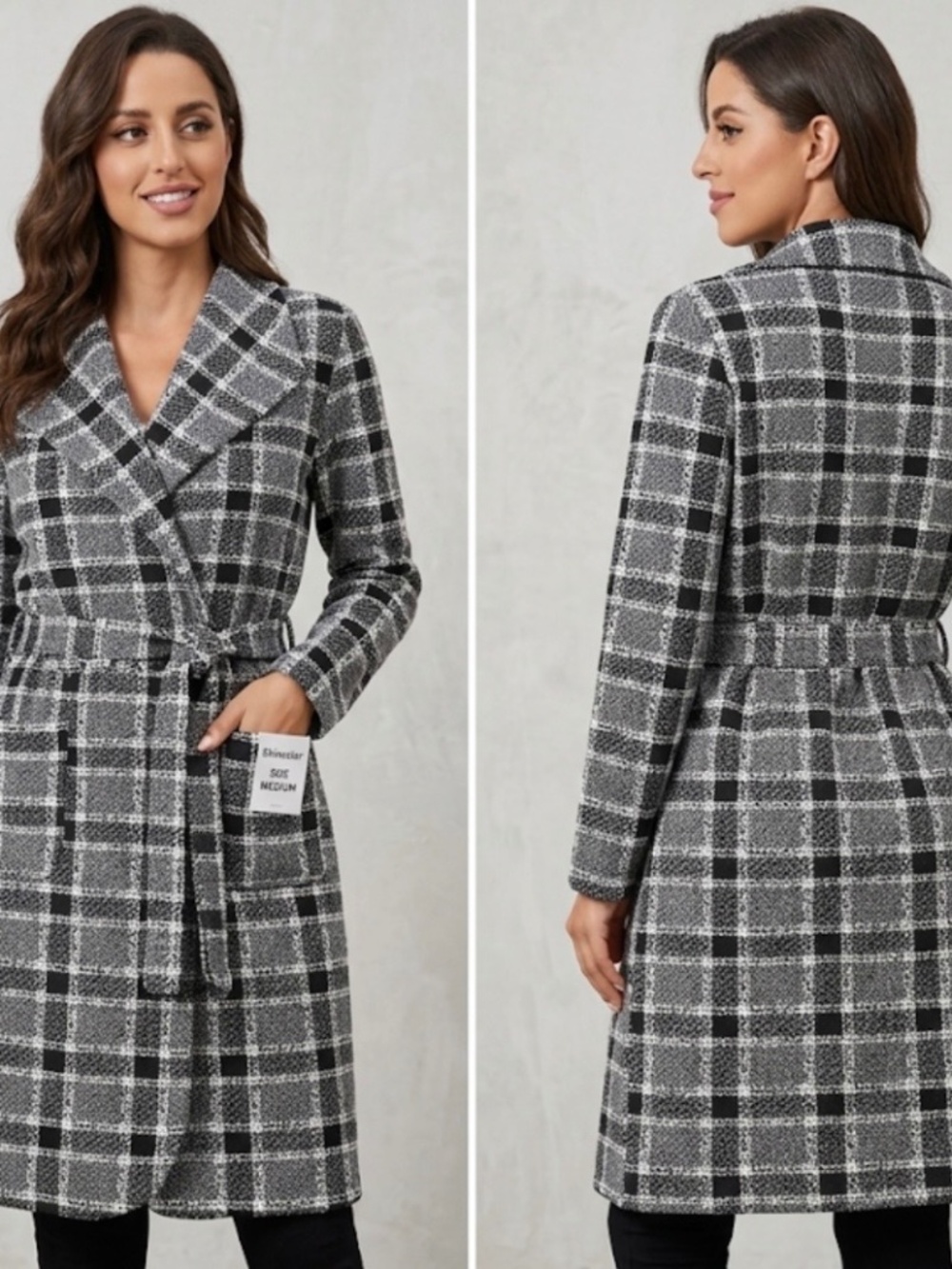 SHINESTAR Black and White Checkered Design WRAP Sweater TRENCH Jacket Size M